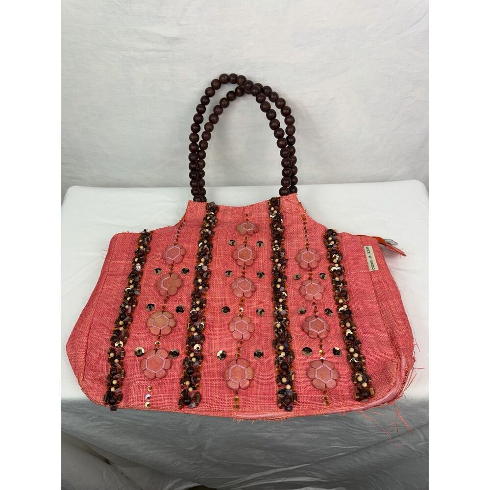 Susan Z Coral Beaded Raffia Tote Bag Wooden Handle Boho Beach Purse Y2K